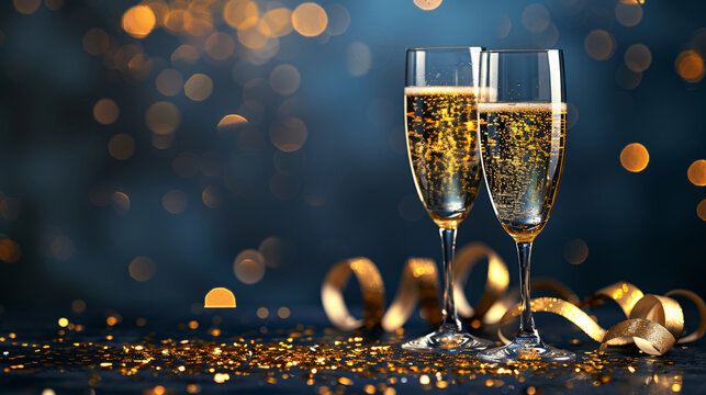 A celebratory toast with champagne glasses and a golden ribbon, perfect for a birthday party