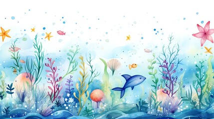 Watercolor painting of an underwater scene with fish, seaweed, and coral.