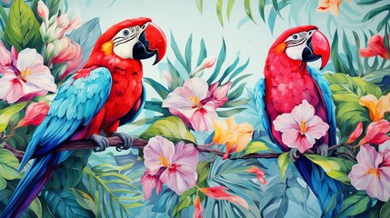 Obraz premium Two toucans perched among vibrant tropical flowers and leaves.