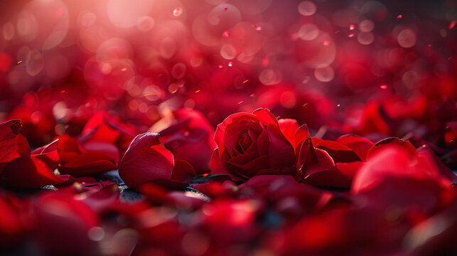 A close-up of red rose petals falling gently, creating a romantic and elegant background