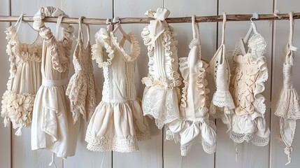 vintage  luxury white lingerie hanging neatly on a rack, showcasing sophistication and style. Generative AI	