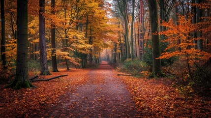 Obraz premium Path through a forest bursting with autumn hues, with leaves gently falling to the ground as the season changes