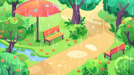 Rainy day in a park with an umbrella, bench, and pathway.