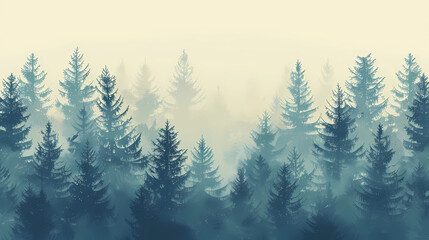 Misty landscape with fir forest in vintage retro style.