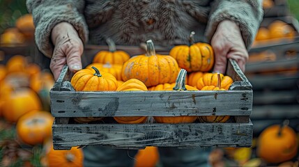 Farmer holding crate full of freshly harvested pumpkins