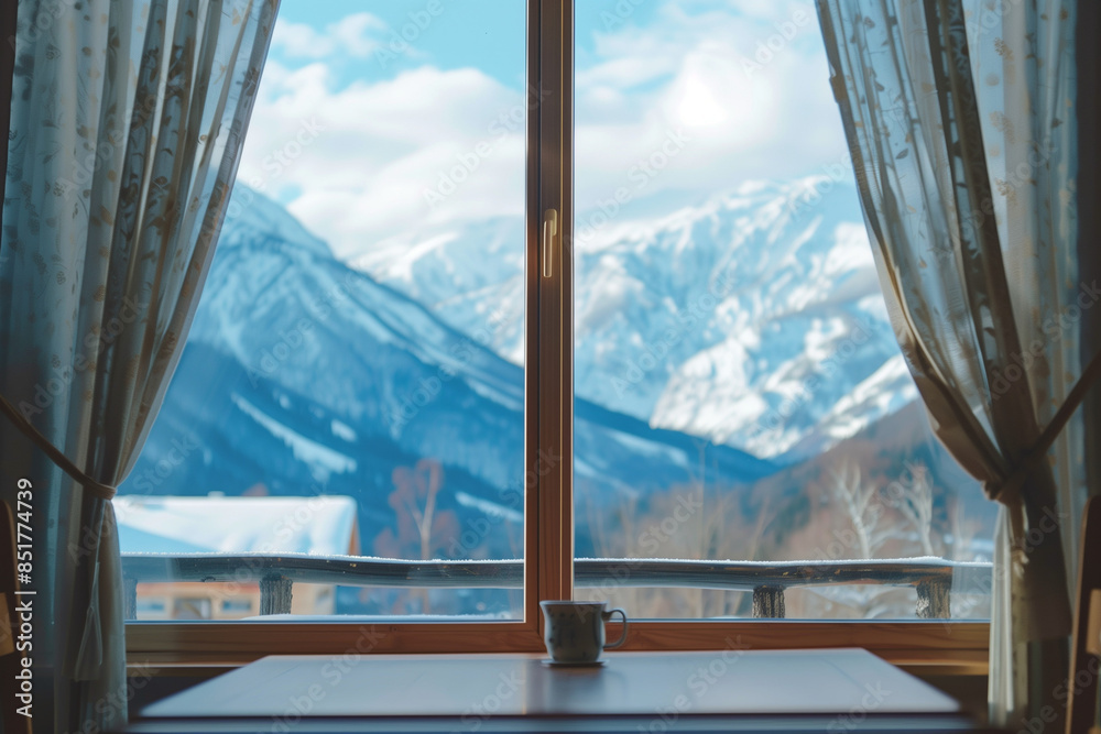 Wall mural Views from a hotel window to a snowy mountain landscape for vacation travel, presenting a picturesque winter scene promoting relaxation and tourism