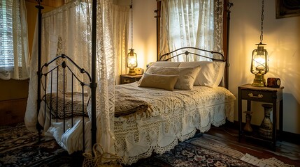 rustic guest room with a wrought iron bed