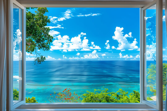 Fototapeta Views from a hotel window to the sea in a tropical landscape for vacation travel, presenting a picturesque beach scene promoting relaxation and tourism