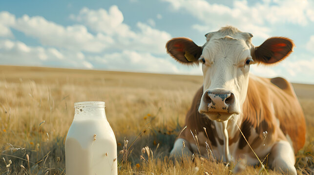 una vaca sentada con un frasco botella de leche bebida refrescante y saludable para el crecimiento nutritiva y saludable producto lacteo
