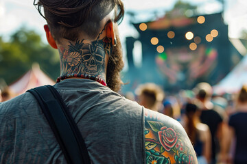 Obraz premium Man with tattoos and beard in sunglasses at a music festival