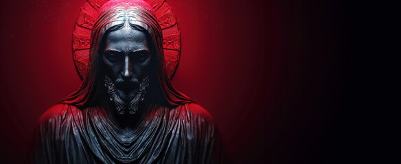 Fototapeta premium red statue of Jesus Christ, with black and red colors, dark background, gothic art style. With copy space