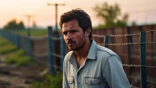 Portrait of sad, tired refugee near fence with barbed wire on border of states. Arab man in spontaneous refugee camp.