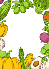 Fresh and healthy farm vegetables, vector vertical poster a4, colorful icons frame. Space for text, isolated background. Organic food, natural veggies. For banner, menu, flyer, cover, farmers market