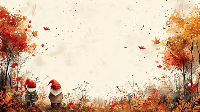 Fall garden gnomes at the borders, whimsical and playful with autumn attire, cartoon style, central space for garden decor ads