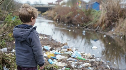 Youngster concerned by the sight of plastic waste in the river