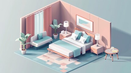 Naklejka premium Isometric illustration of a minimalist bedroom interior with a bed, sofa, and plants.