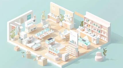Isometric illustration of a modern retail store interior with shelves, products, and digital displays.