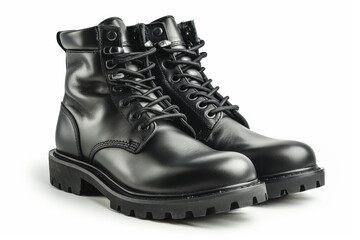 pair of black leather boots isolated on white background. men fashion in leather boots