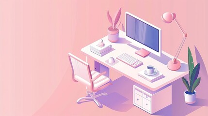 Minimalist isometric illustration of a pink and white desk with a computer, lamp, and plants.