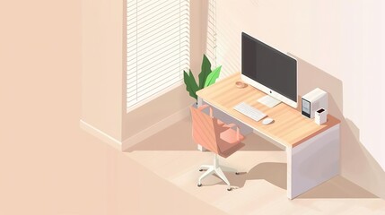 Fototapeta premium Minimalist isometric illustration of a modern home office with a desk, chair, computer and plant.