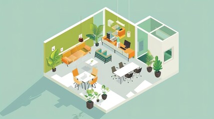 Obraz premium Isometric illustration of a modern office with furniture, plants, and a computer.