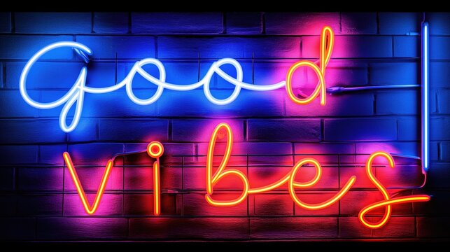 Good Vibes Neon Sign on Brick Wall Modern LED Light Decor for Positive Atmosphere.