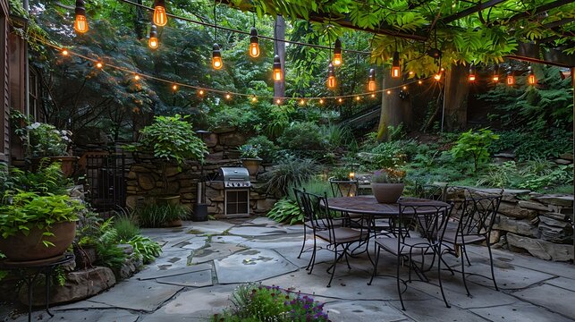rustic outdoor patio with flagstone flooring