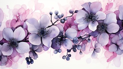 Watercolor floral border with purple flowers and berries on a white background.