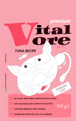 pink cat food packaging design with cat and fish