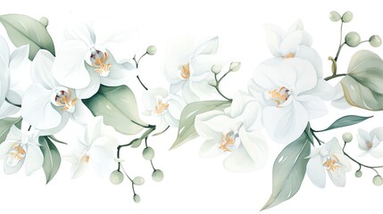 Obraz premium Watercolor painting of white orchids and leaves, perfect for wedding invitations or floral designs.