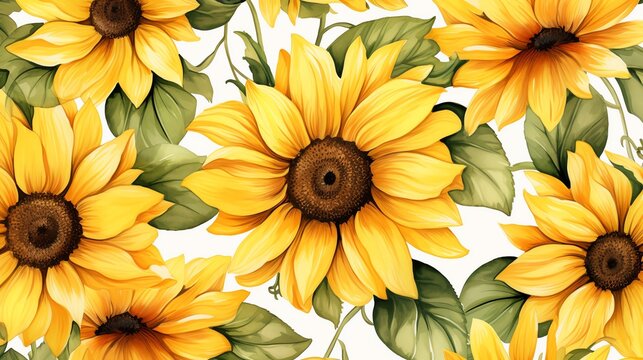 Watercolor seamless pattern with yellow sunflowers and green leaves on white background.