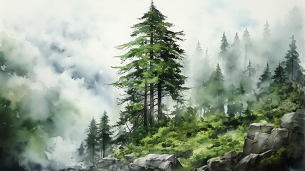 Watercolor painting of a tall redwood tree in a misty forest