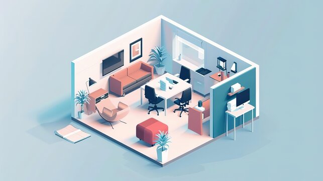 Isometric illustration of a modern home office with furniture and decor.