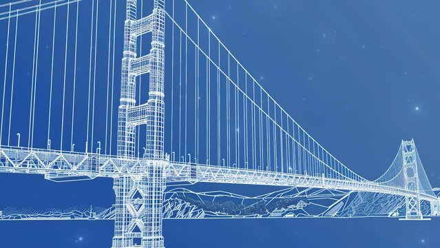 Bridge blueprint, technical diagram of the bridge,. Outline road bridge. Car overpass. Infrastructure illustration. Vector design art. White lines on blue background.