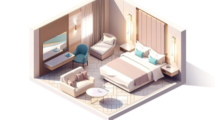 Naklejka premium Isometric view of a luxurious hotel room with a king-size bed, comfortable furniture, and modern decor.