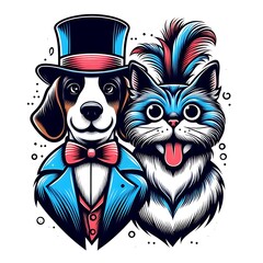 A dog design drawing graphic and cat design drawing graphic wearing a suit and hat creative highquality engaging vector.