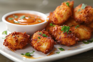 Fototapeta premium Deliciously fried chicken nuggets served hot on a white ceramic plate with a side of honey mustard dipping sauce