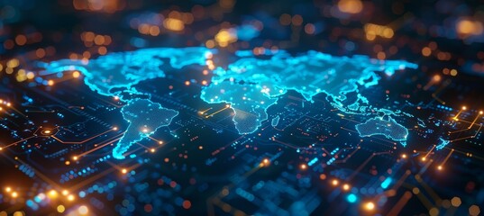 Tech World Map Displaying Computing Global Network and AI Connectivity