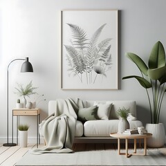 A living room style interior set design with a mockup poster empty white and with a couch and plants Vibrant creative.