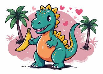Naklejka premium Vector drawing for children t-shirt. Green cute baby dinosaur with banana, palm tree, heart on white background. Design for textile, paper, fabric, clothing for kids in cartoon style. 