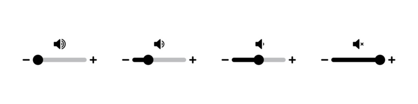 Volume slider icon set for smartphone user interface elements in black color. 