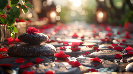 A spa promo image featuring a serene setting with rose petals, smooth stones, and a relaxing ambiance