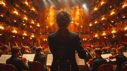 Back View Cinematic shot of Conductor Directing Symphony Orchestra with Performers Playing Violins, Cello and Trumpet on Classic Theatre with Curtain Stage During Music Concert.
