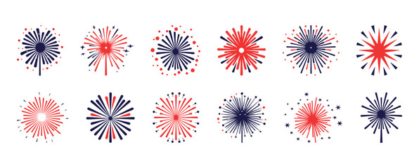 4th of July USA Independence Day background, celebration. Vector illustration. Fireworks Fourth of July. Set of fireworks with red and blue stars and sparks. United States of America independence