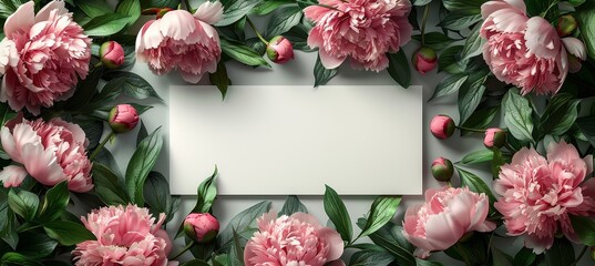 Aesthetic Mockup of a Blank Card with Pink Flowers on Pink Background