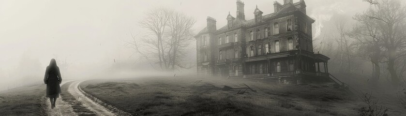 A solitary figure walks towards an abandoned, eerie mansion enveloped in thick fog, evoking a sense of mystery and solitude.