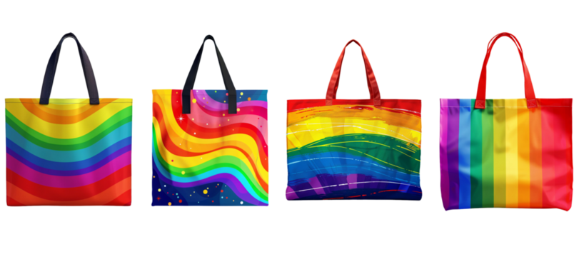 Pride Month Celebration Colorful Pride Themed rainbow Tote Bags Isolated on Transparent Background