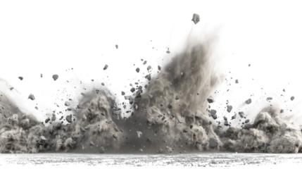 A powerful explosion sending a massive dust cloud and rock debris into the air, isolated against a white background