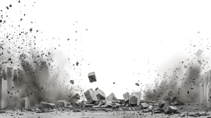 A large cloud of dust and debris fills the air, creating a chaotic scene of destruction