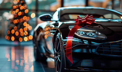 A black luxury car with a red ribbon on the hood in a showroom setting